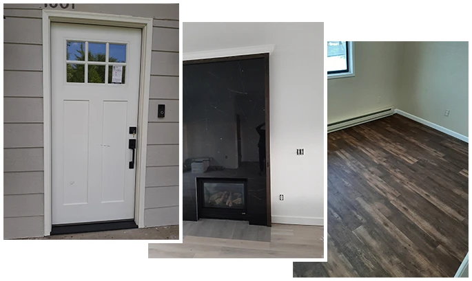 Collage of home improvement projects by COCA Construction featuring a new door installation, fireplace remodel, and new flooring.