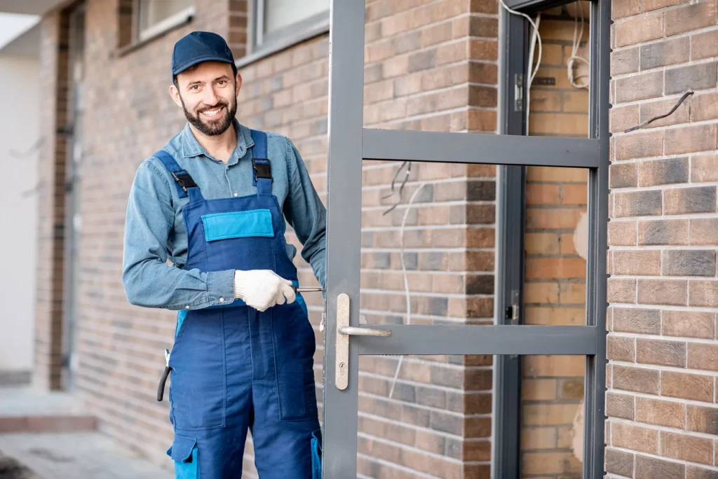 Smiling worker installing a door frame on a brick building.