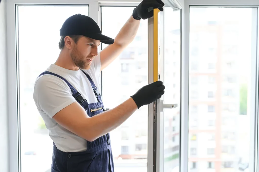 Worker using a level to install a window frame with precision.