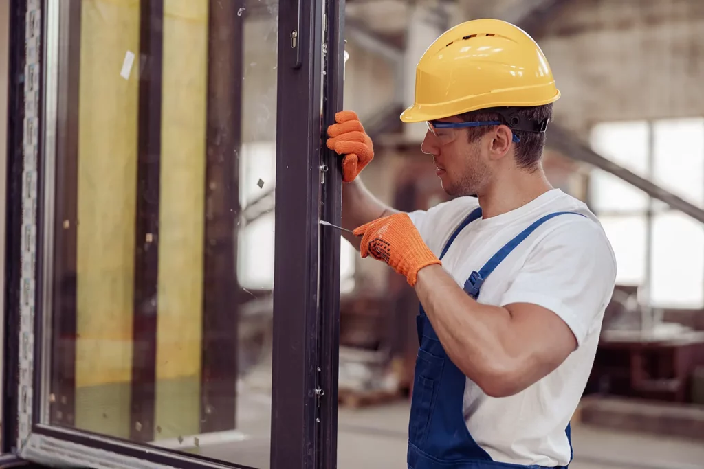 male worker fixing window in building under construc