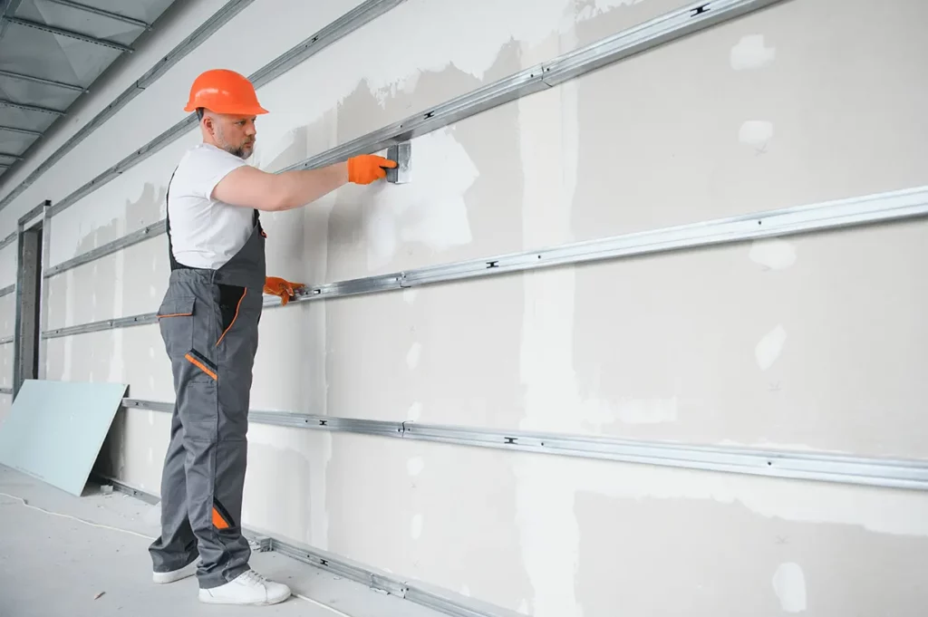 Professional construction worker sanding drywall for a smooth finish before painting.