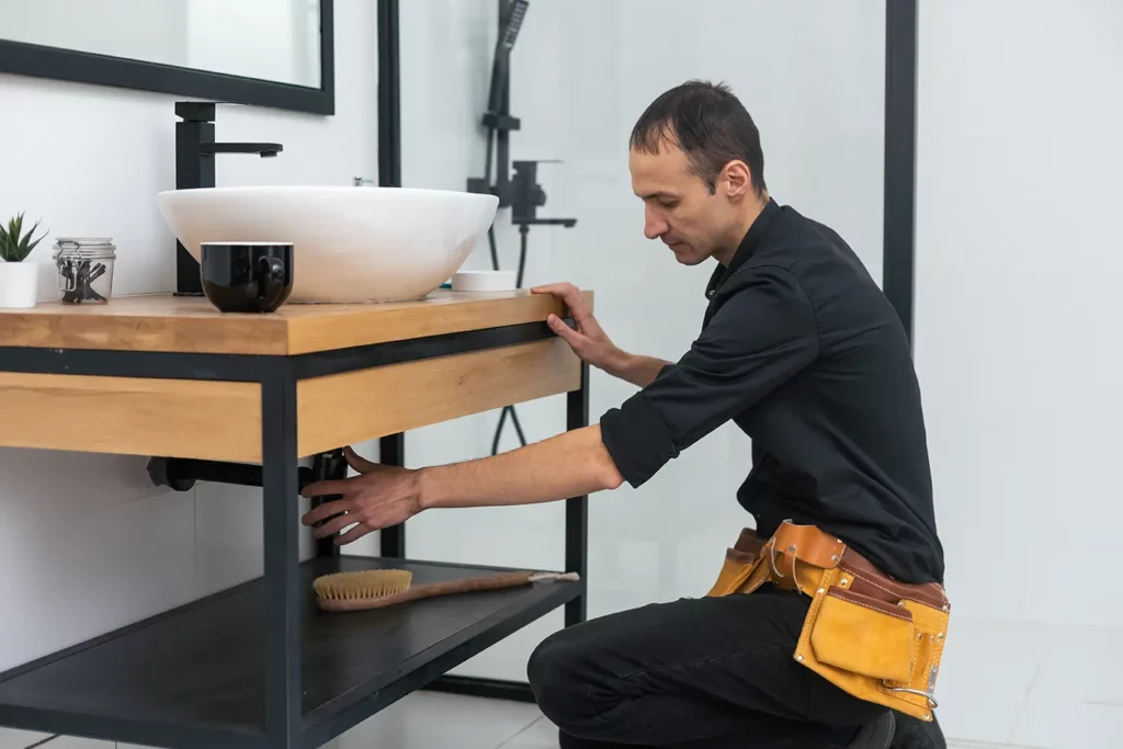 Professional plumber installing a bathroom sink in a modern basement renovation by Coca Construction.