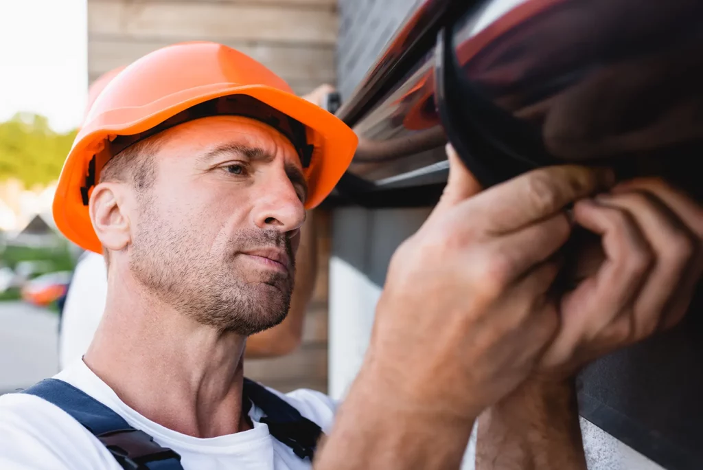 selective focus of builder working with rain gutte