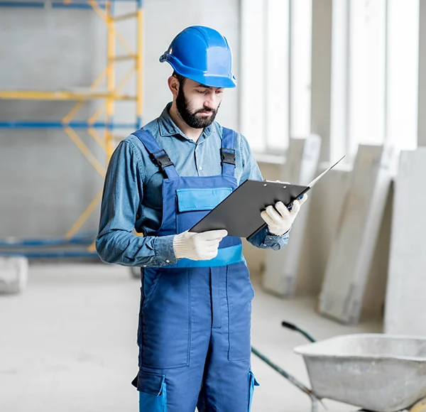 Construction worker in blue overalls and hard hat reviewing project documents on a clipboard, ensuring compliance with site plans for Coca Construction in Airway Heights, WA.