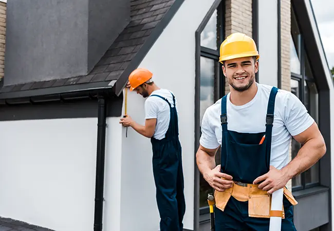 Construction workers performing exterior measurements and preparing for painting, showcasing Coca Construction's professional house improvement services.