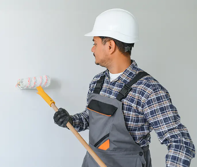 Professional painter wearing a hard hat, painting a white wall with a roller