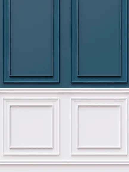 Elegant wall paneling with navy blue and white paint.