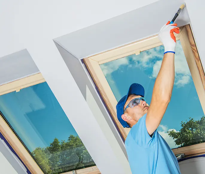 House painter in blue uniform painting around skylight window frame with a brush inside a bright, modern home.