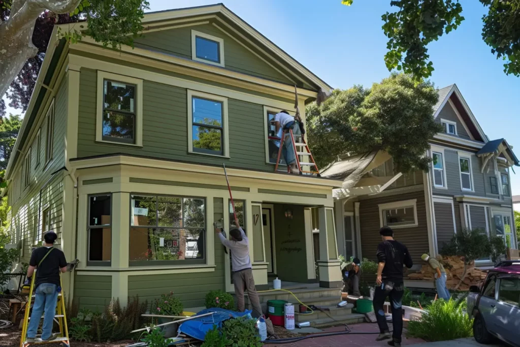 Exterior house painting crew working on a two-story green home, painting window frames and walls.