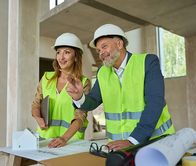 Two professional general contractors discussing project details inside an unfinished building in Spokane