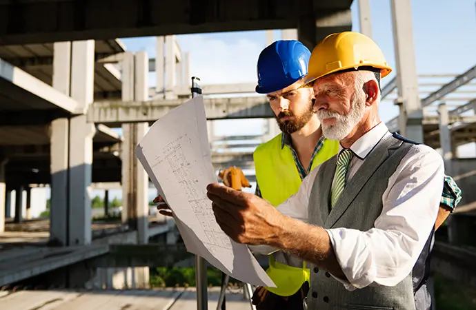 Experienced general contractor and site manager reviewing blueprints at a commercial construction site in Spokane